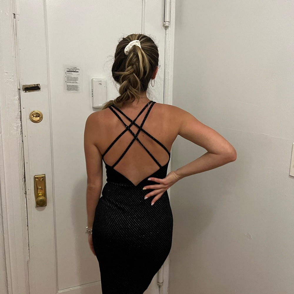 Black Metallic Stitch Bodycon, Deep V dress - Picture 1 of 6